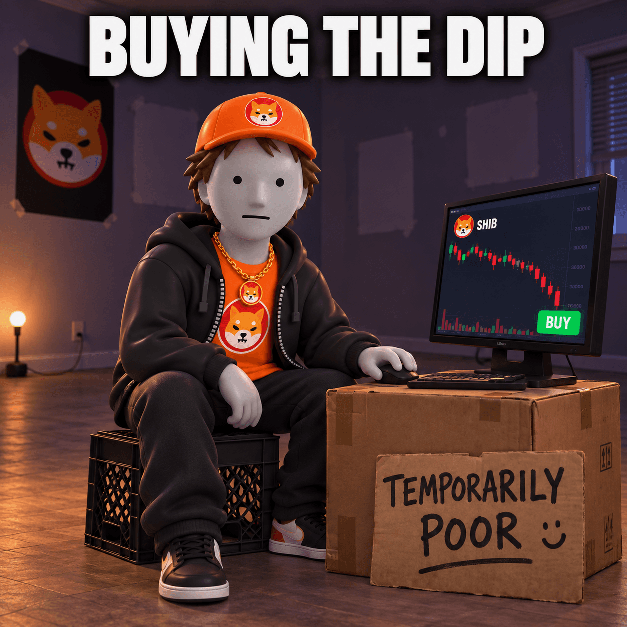 Shibroke sitting on a milk crate in an empty room, clicking buy on a falling SHIB chart. A cardboard sign reads: Temporarily poor. Caption: Buying the dip.