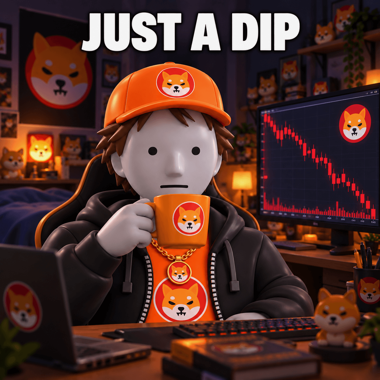 Shibroke sipping from a SHIB mug in a bedroom full of Shiba merch while a monitor behind him shows a red chart crashing. Caption: Just a dip.
